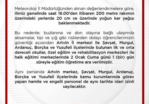 EĞİTİME 2 OCAK 2026 GÜNÜ KAR TATİLİ